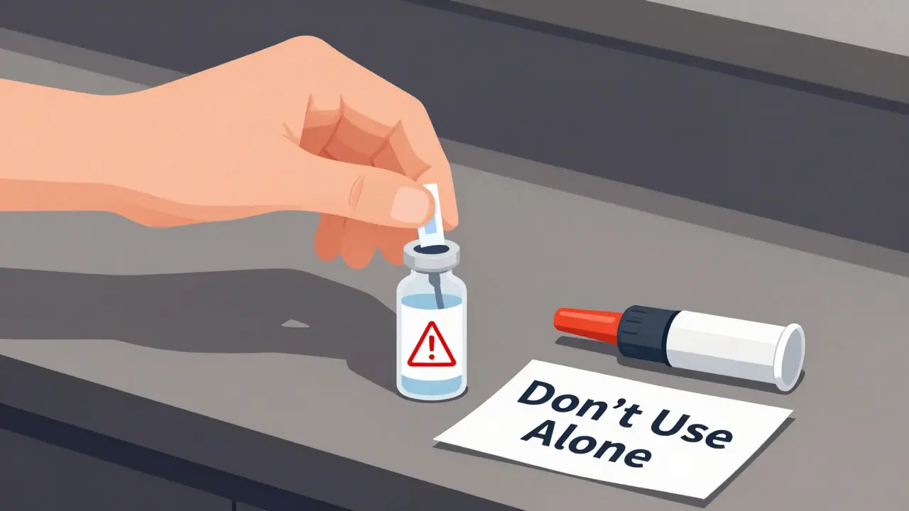 A fentanyl test strip showing a red warning, next to naloxone spray and a 'Don’t Use Alone' note.