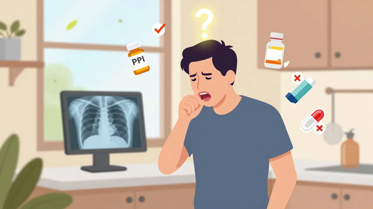 A person coughing in kitchen surrounded by treatment icons and environmental triggers, with clean chest X-ray in background.