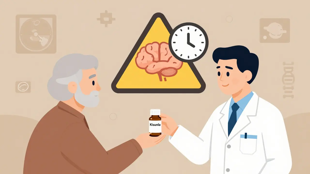 An elderly patient being given a new Alzheimer's drug with a brain swelling warning icon.