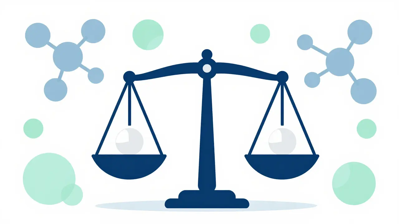 Balanced scale holding two pills representing medication bioequivalence.