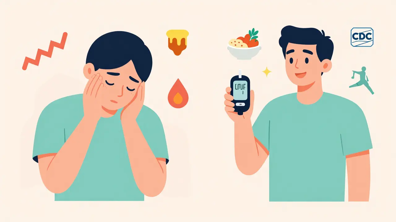 Before and after comparison of a person with diabetes, showing improved health and energy.