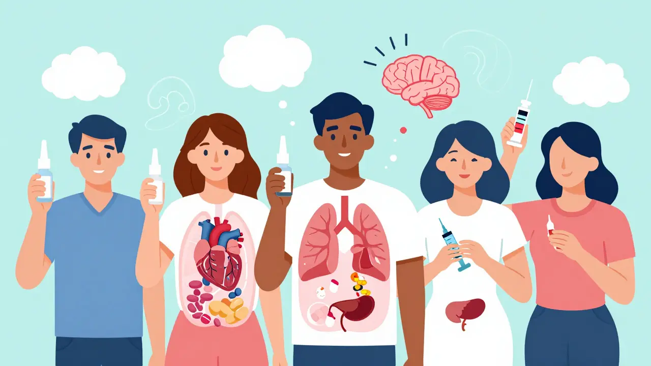 Diverse individuals holding new medications with transparent overlays showing internal body effects.