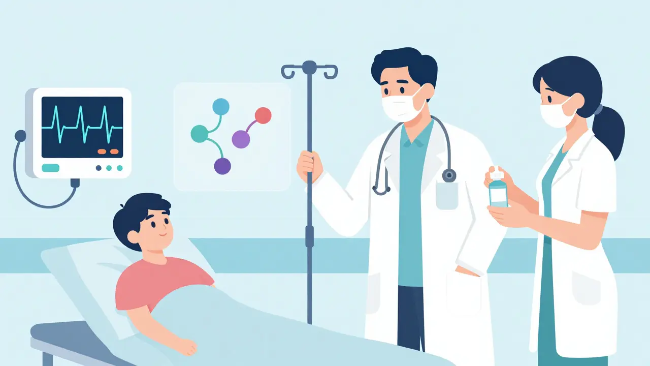 Emergency room scene with ECG showing heart rhythm issue and medical team administering treatment.
