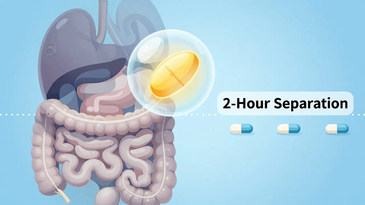 Gel-like fiber surrounding a pill in digestive tract with separated medication paths