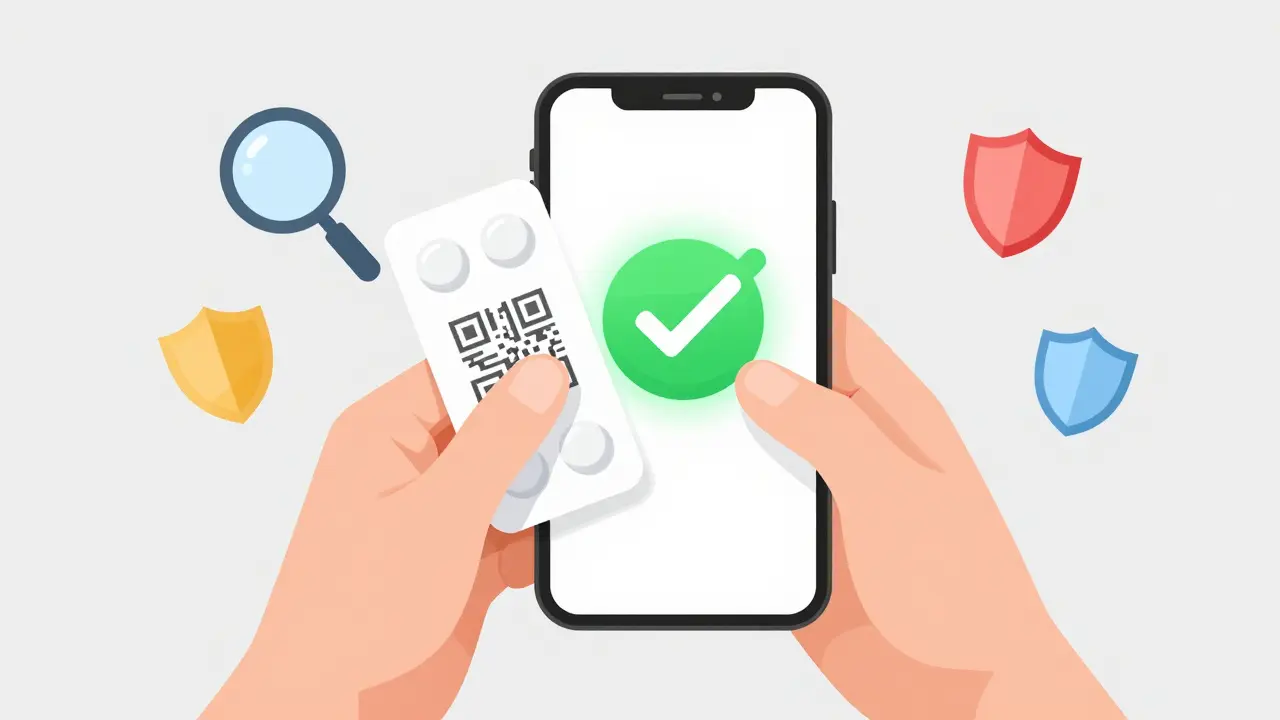 Hands scanning medicine package for authenticity