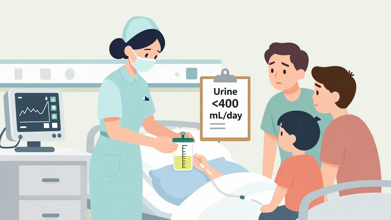Nurse measuring low urine output in hospital while monitor shows rising creatinine, flat illustration style.