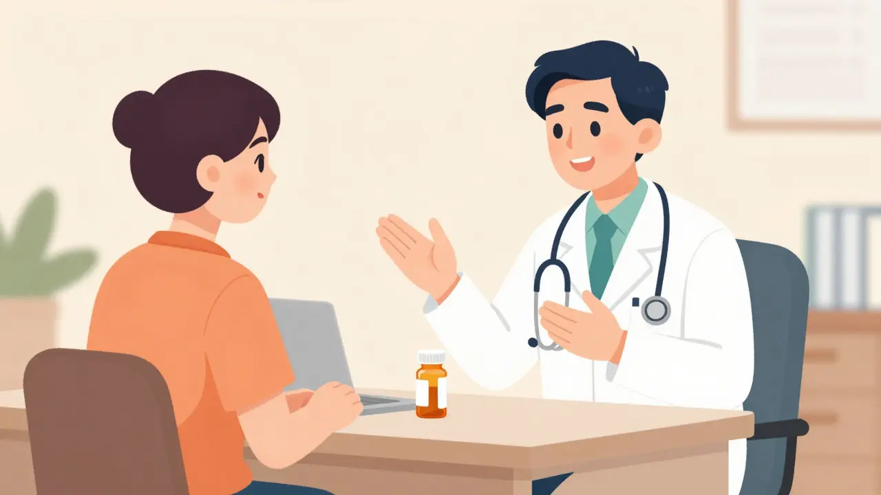 Patient discussing medication with a doctor in a medical office.