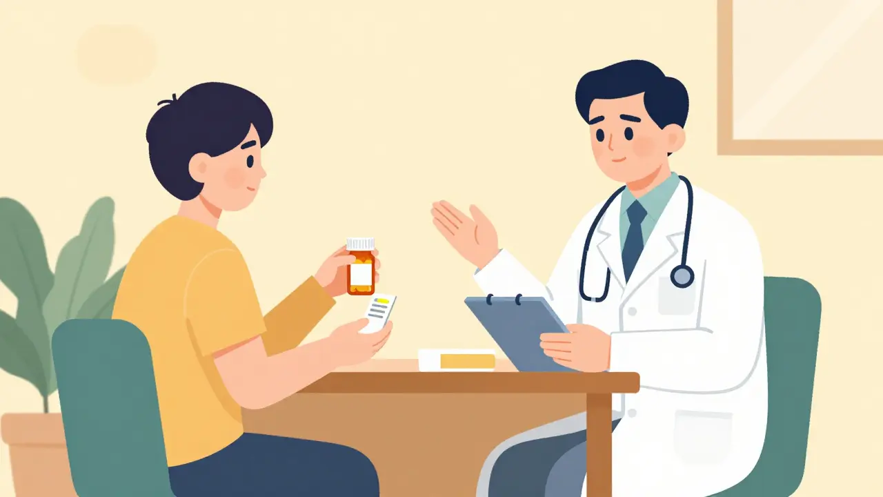 Patient discussing medication with a doctor in an office