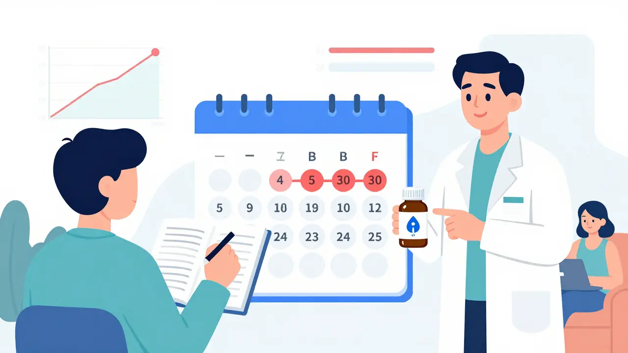 Person tracking daily symptoms in a notebook while a pharmacist points to a consistent generic brand.