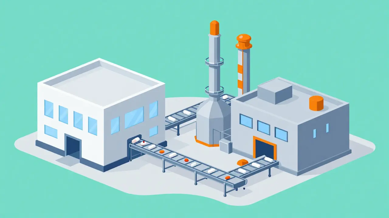 Pharmaceutical factory with conveyor belts and quality checks