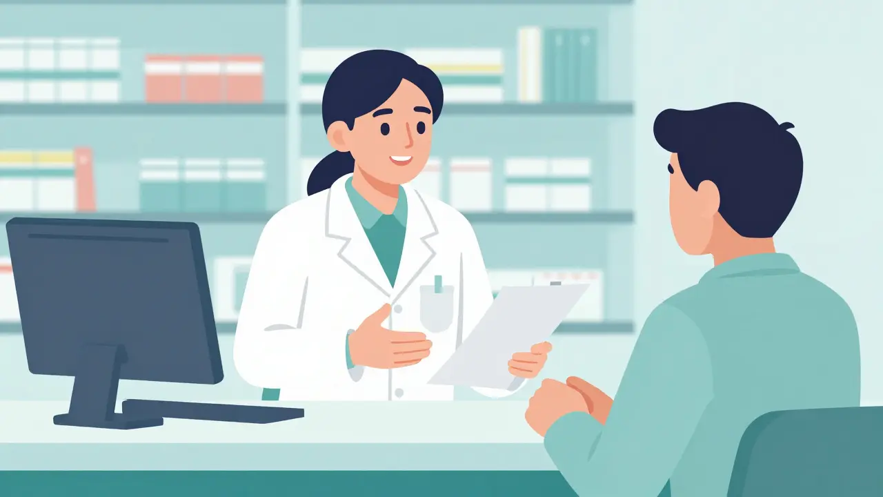 Pharmacist discussing medication safety with patient