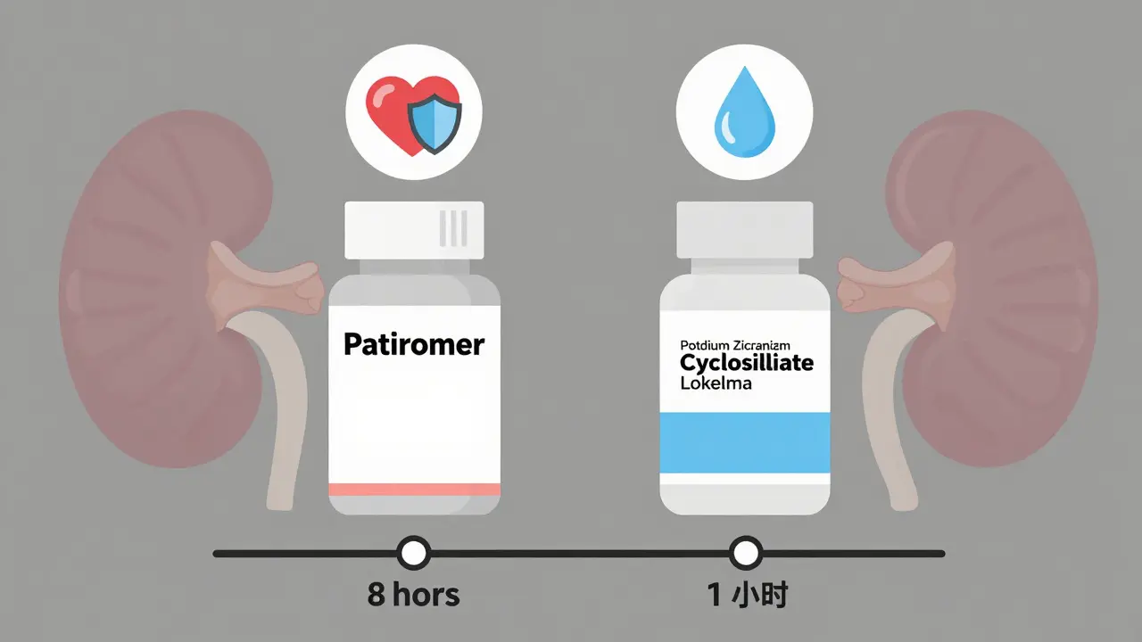 Side-by-side comparison of two potassium binder medications with sodium and speed icons.