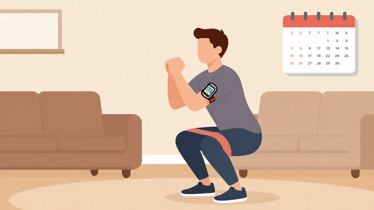 Someone doing strength exercises with a glucose monitor showing real-time blood sugar data.