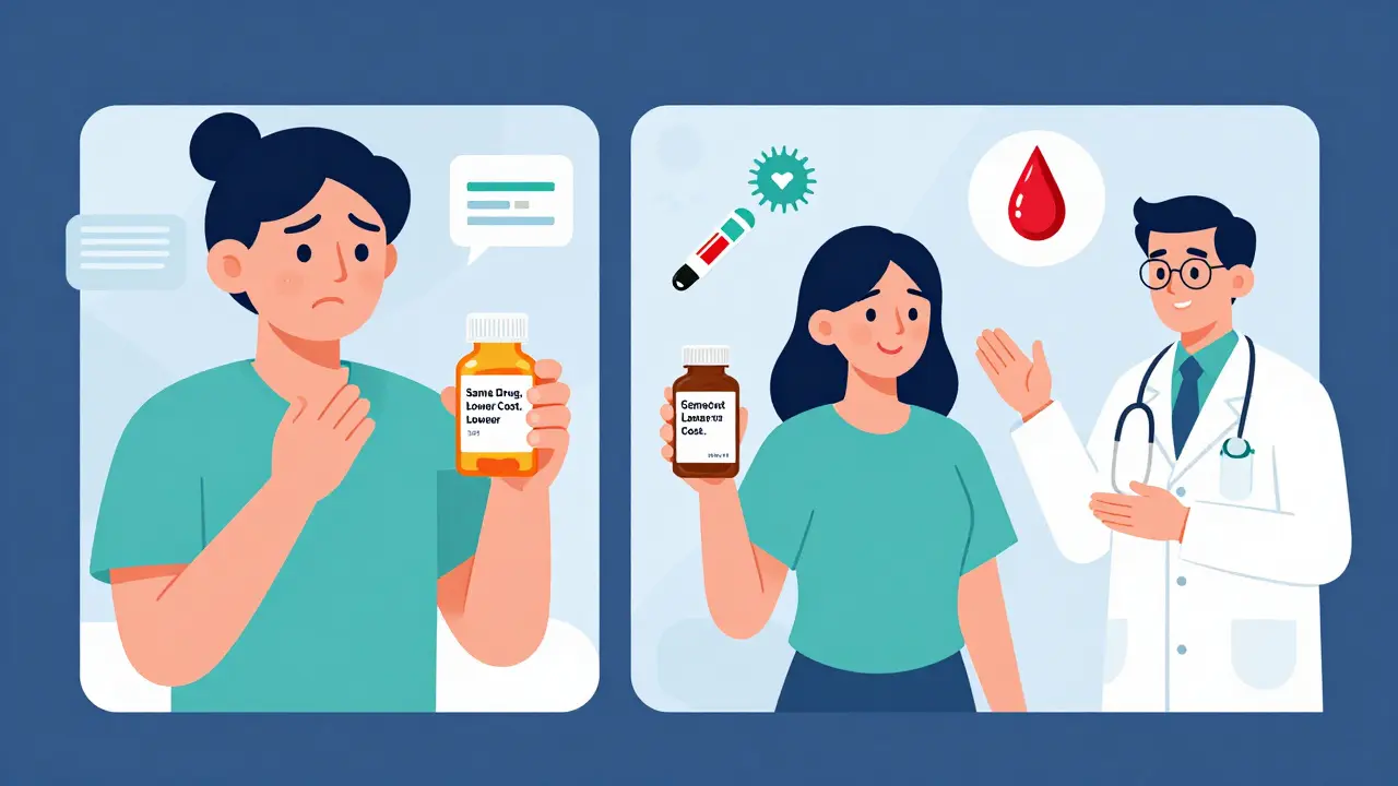 Split image showing worry over brand-name cost versus relief with affordable generic medication.