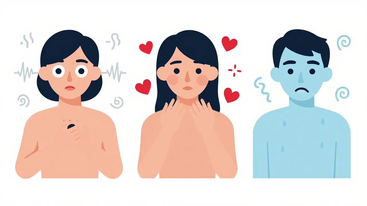 Three figures illustrating signs of opioid, stimulant, and depressant overdoses with symbolic visual indicators.