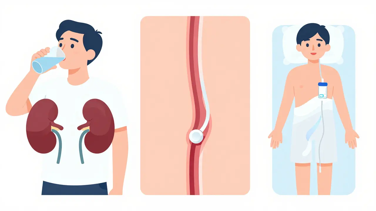 Three panels showing AKI recovery: hydration, stent placement, and dialysis, all in consistent flat cartoon style.