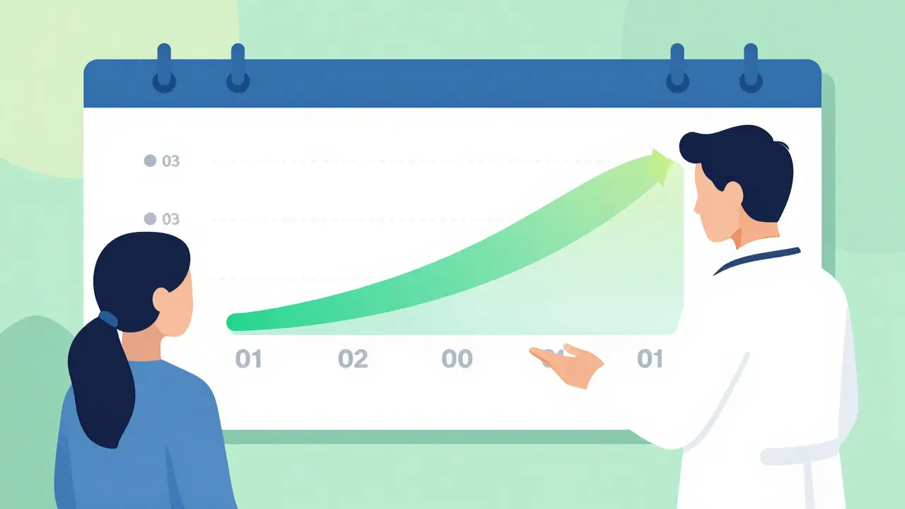 A doctor and patient reviewing a colorful sloping gradient timeline for a medication plan.