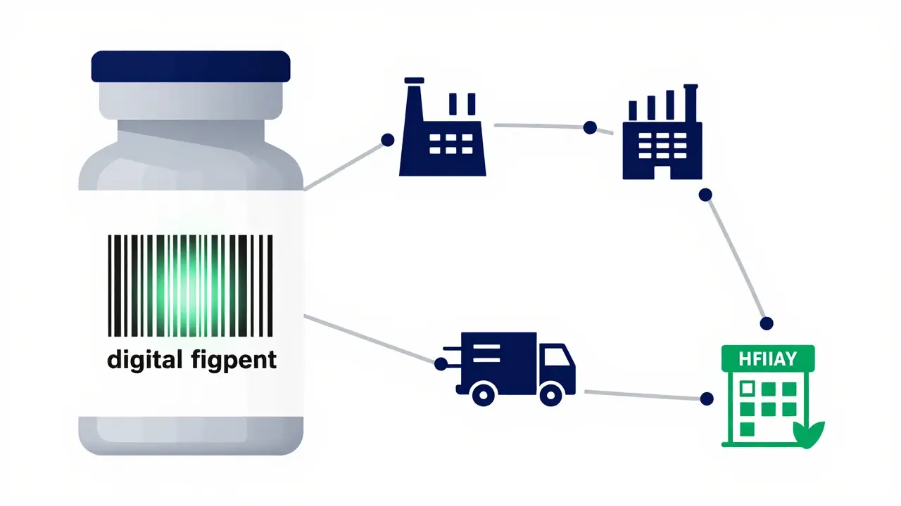 A medicine bottle with a glowing barcode connected to a digital supply chain network.