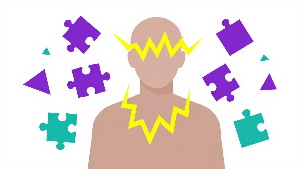 A silhouette of a person with yellow electric zig-zag lines in their head and floating puzzle pieces.