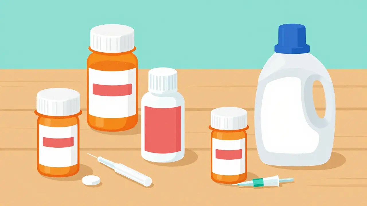 Collection of prepared medications including pill bottles and a sharps container.