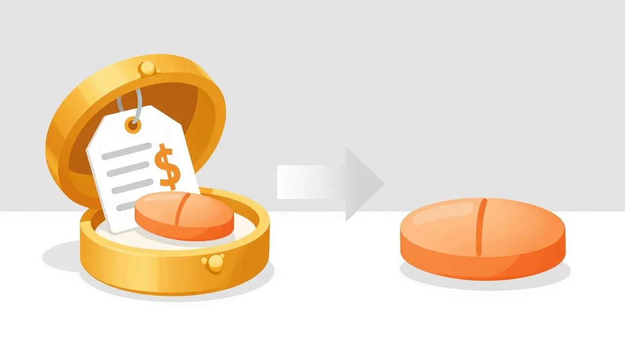 Comparison of an expensive brand-name pill in a gold box and an affordable generic pill.