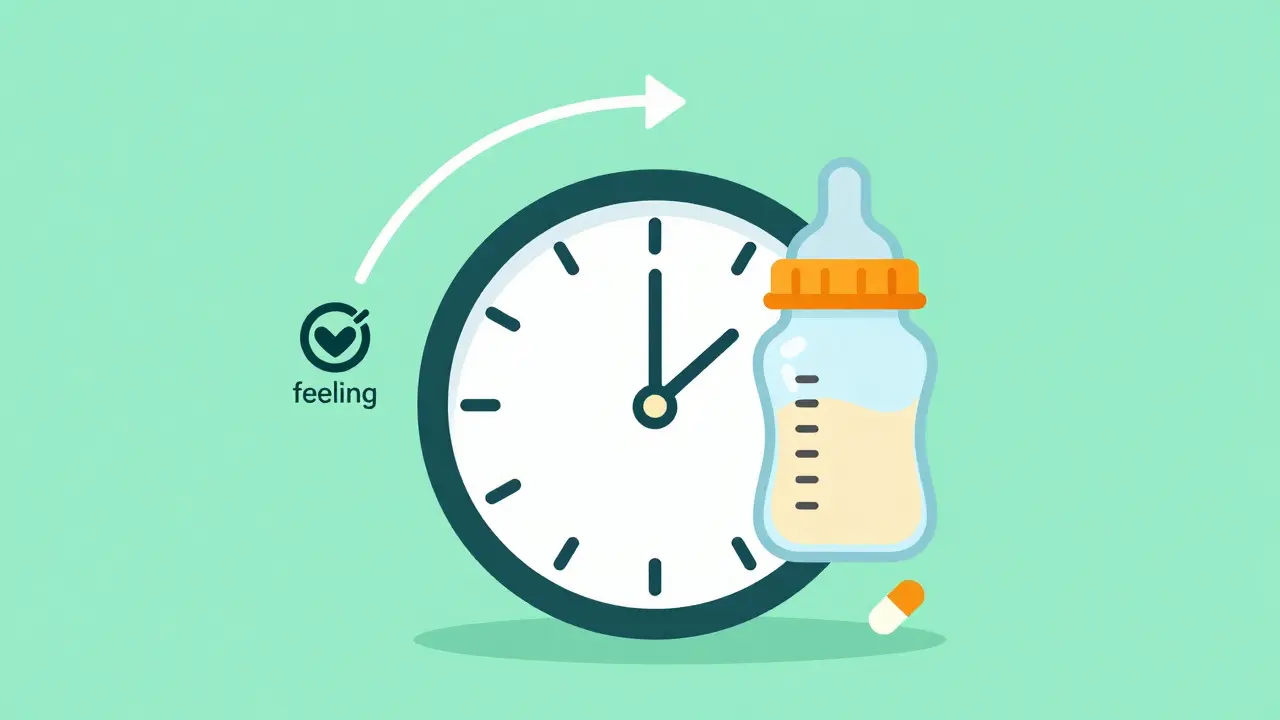 Conceptual flat illustration showing a clock and icons for breastfeeding and medication timing.