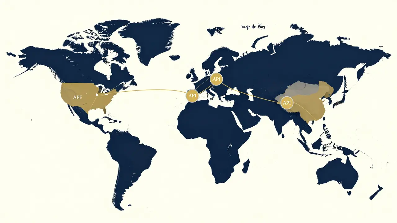 Conceptual map showing the fragile global supply chain connecting API hubs to US factories.