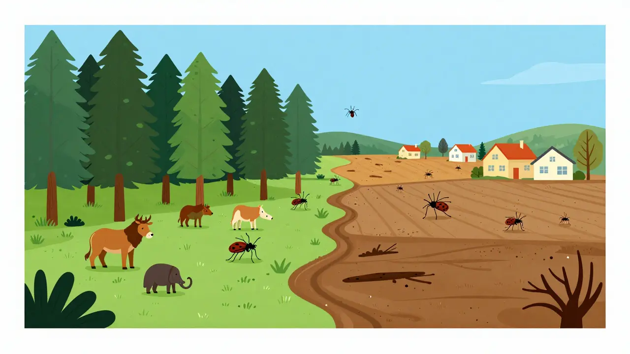 Deforestation pushing wildlife toward homes in flat style.