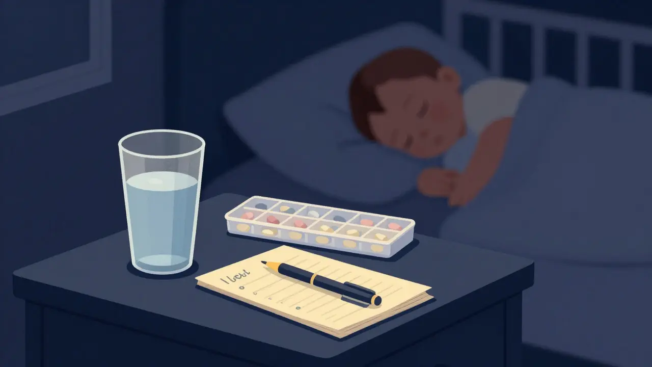 Flat illustration of a bedside table with a feeding log and medication at night.