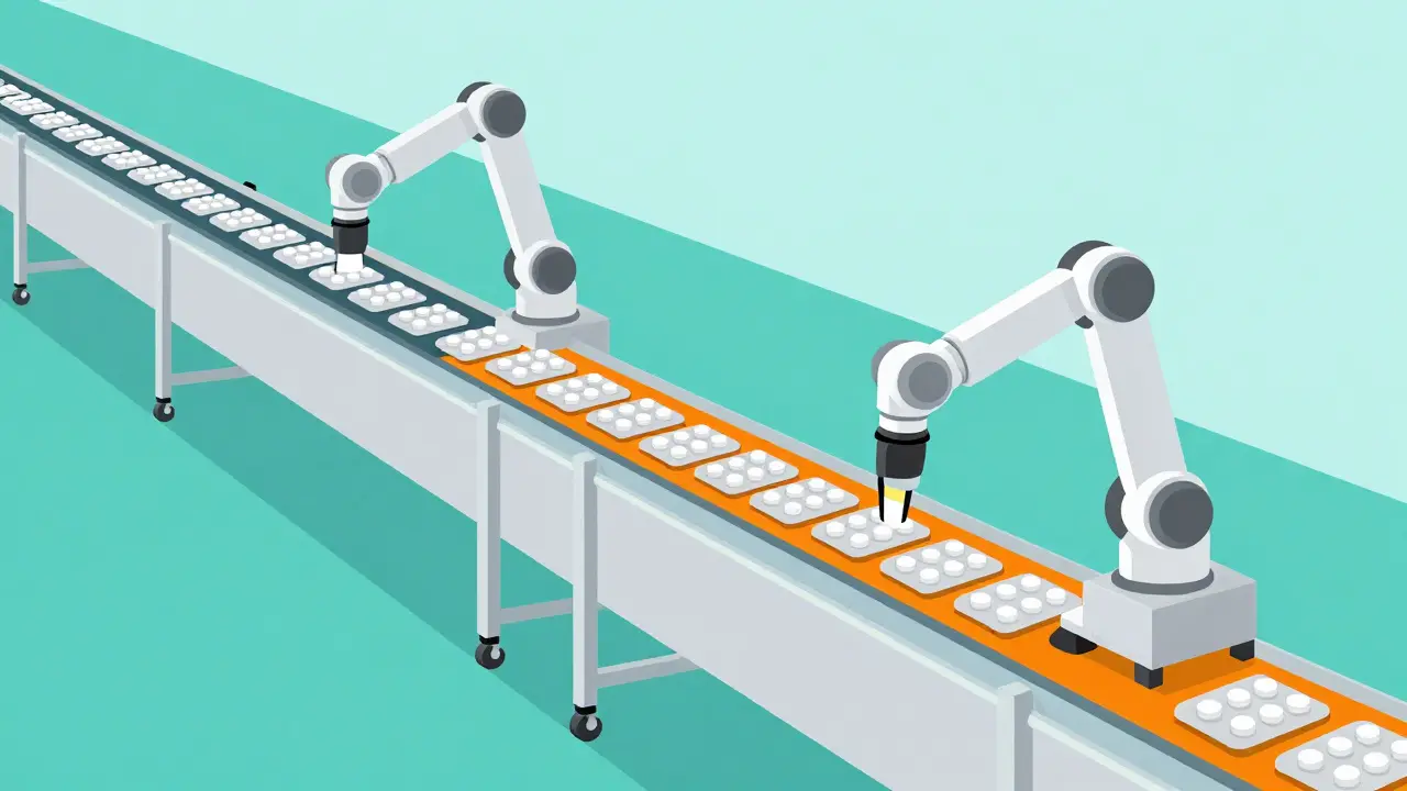 Flat illustration of a high-volume pharmaceutical factory producing generic pills on conveyor belts.