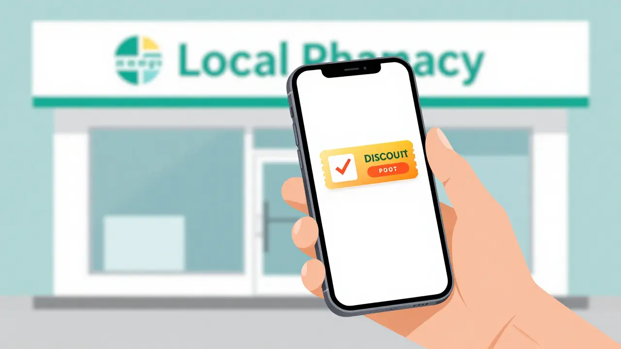 Hand holding a smartphone with a digital pharmacy discount coupon