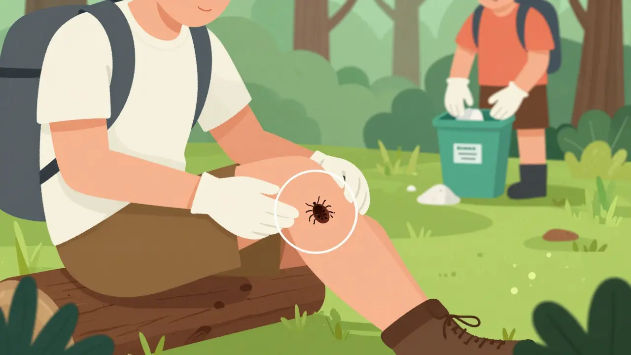 Hiker inspecting leg for ticks in a forest flat illustration.