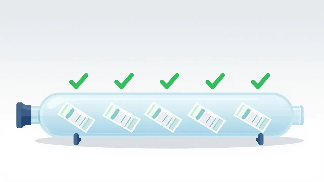 Medicine packages moving through a transparent pipe with green verification checkmarks.