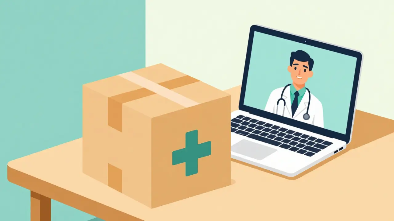 Online medical consultation laptop and a delivered prescription package
