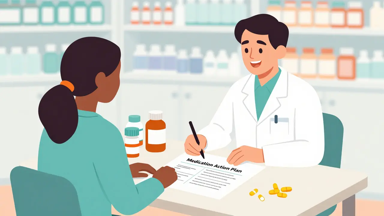 Patient and pharmacist collaborating on a medication plan in a pharmacy.