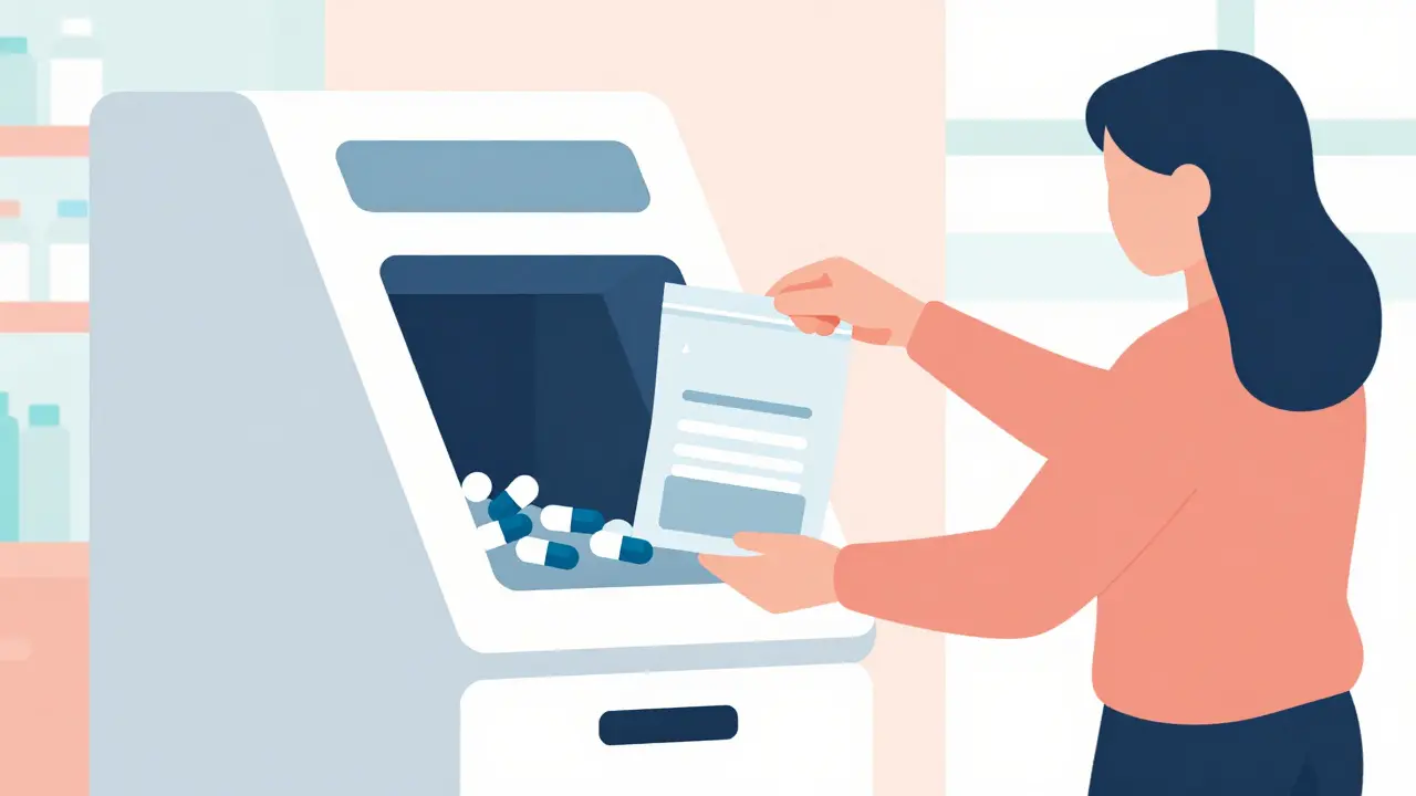 Person depositing prepared medications into a secure pharmacy take-back kiosk.