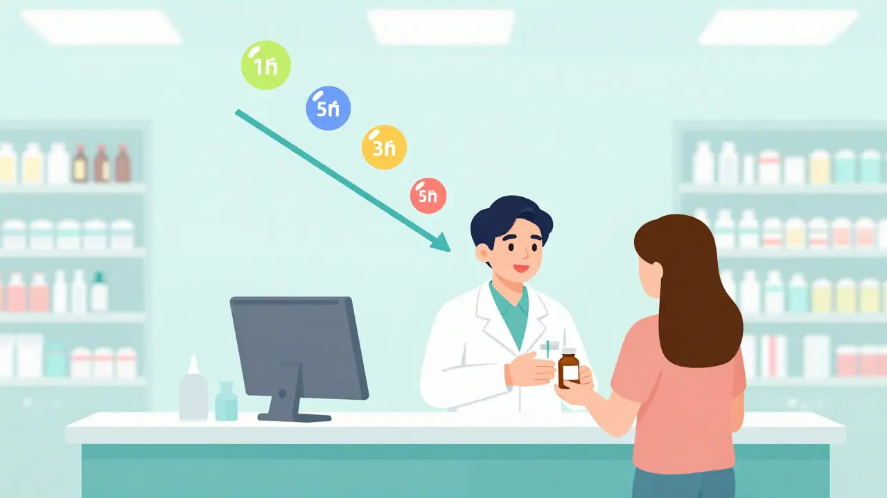 Pharmacist giving medicine to a customer with a graphic showing falling drug prices.