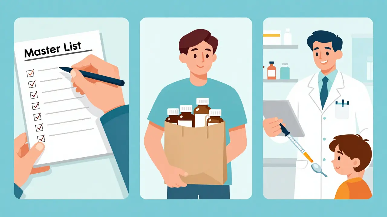 Three-step safety routine including a medication list, pharmacy review, and correct pediatric dosing