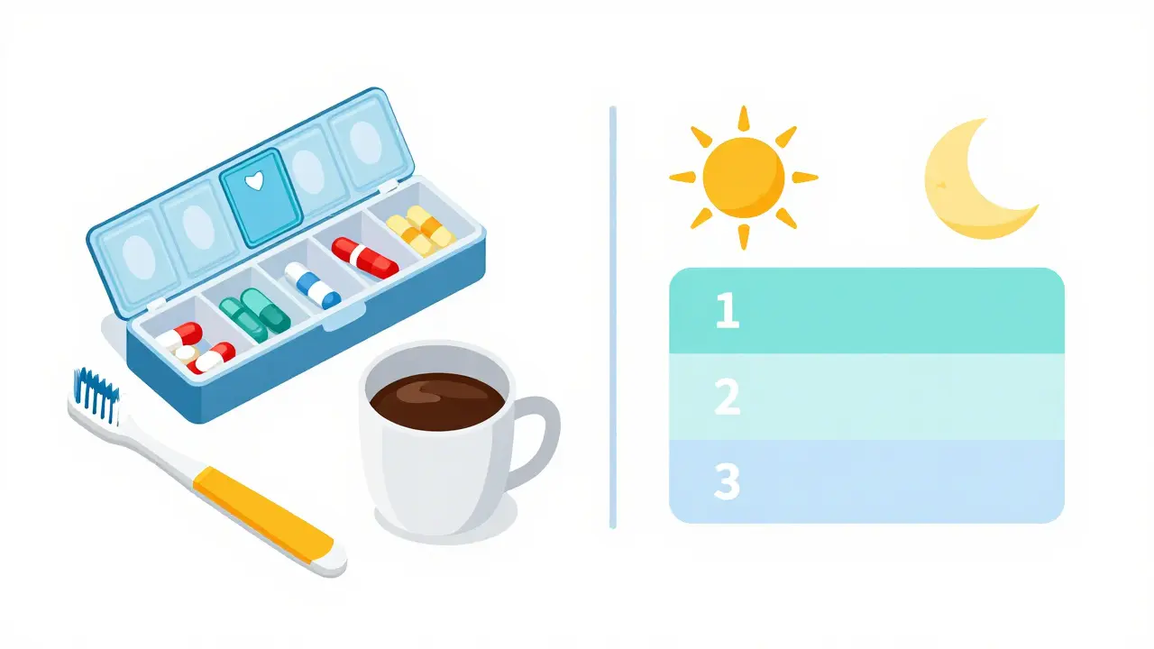 Visual aids for medication adherence including a pill organizer and a chart.